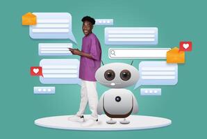 African American man interacts with a friendly AI assistant while exchanging messages on a mobile device. The background features chat bubbles and icons representing communication. photo