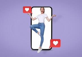 A person joyfully celebrates while interacting with a smartphone, surrounded by love-themed message notifications. The vibrant background highlights the connection to social media and dating. photo