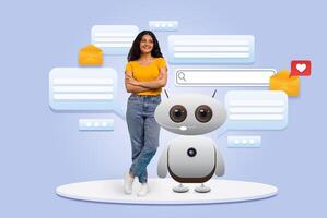 Indian woman stands confidently alongside a friendly robot, symbolizing collaboration in technology. The background features chat bubbles and notifications, highlighting virtual assistance. photo