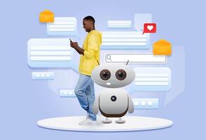 African American guy engages with a smartphone, communicating through a vibrant digital environment featuring a friendly AI assistant. This highlights the intersection of technology and daily life. photo
