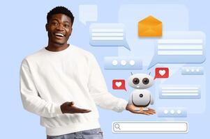 African American guy smiles while interacting with a virtual assistant. Background features chat bubbles and robot icon, showcasing advancements in artificial intelligence and user interaction. photo
