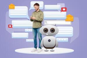 A guy stands beside a friendly robot, interacting with a mobile device while surrounded by various chat bubbles and notifications. This highlights modern virtual assistance and communication. photo