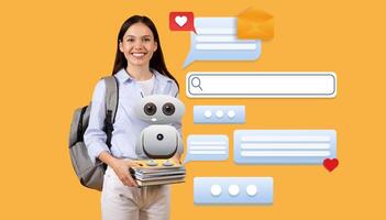 Woman student smiles while holding notebooks, representing the integration of AI in virtual assistance. Colorful chat bubbles and icons emphasize the role of technology in everyday interactions. photo