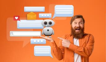 A man with a beard excitedly interacts with a virtual assistant depicted as a small robot. Speech bubbles and icons illustrate modern digital communication and assistance applications. photo