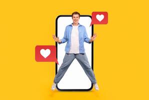 A person stands excitedly in front of a large smartphone, surrounded by heart icons representing messages of love. This conveys the essence of modern dating and social interactions. photo
