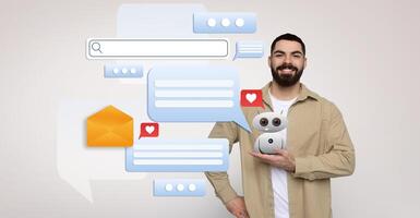 A man holds a virtual assistant device, surrounded by chat bubbles and icons representing messages and communication. photo