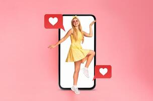 A cheerful person stands inside a smartphone, showcasing the joy of connecting through messaging apps. Hearts and text bubbles emphasize themes of love and connection on a vibrant background. photo