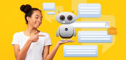 A young lady interacts with a friendly AI assistant on their palm, surrounded by chat bubbles and search elements. This showcases the integration of technology into everyday life. photo