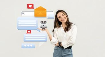 A woman stands smiling while interacting with a virtual AI assistant. The digital interface displays chat bubbles and notifications. The modern setting highlights advancements in technology. photo