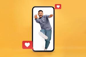 People are using smartphones to connect with others. A person appears excited while engaging with a dating application, highlighting the intersection of technology and romance. photo