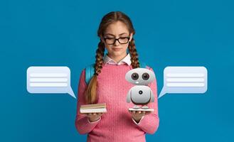A young student in glasses holds books and a robotic assistant in front of a bright blue background, illustrating the impact of artificial intelligence on educational practices. photo