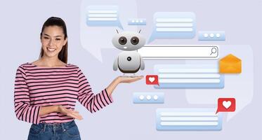 A woman stands confidently with a small robot in her hand, symbolizing the integration of AI in modern communication. The background features chat bubbles, emphasizing digital interaction. photo