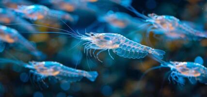 A group of translucent shrimp can be seen moving elegantly through a clear blue ocean environment filled with light and colors, showcasing marine life in action. photo