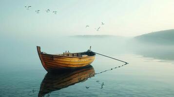 A yellow wooden boat drifts silently on still water, enveloped in a soft morning fog while birds gracefully fly above. The peaceful atmosphere captivates the senses. photo