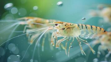 Shrimp swim gracefully in a clear water habitat, their translucent bodies illuminated by soft natural light. Fine details of their anatomical features are beautifully displayed. photo