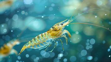 A clear shrimp elegantly swims through a lively, colorful underwater world, surrounded by bubbles that create a magical atmosphere in the ocean environment. photo