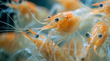 Fascinating shrimp displaying intricate details and vibrant hues as they navigate their clear aquarium environment during sunny conditions. photo