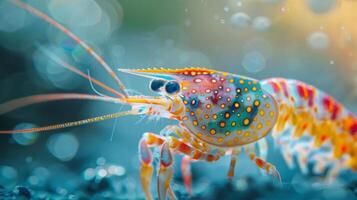 A colorful lobster with spots swims gracefully in clear water, surrounded by bubbles that catch sunlight, showcasing its vibrant patterns and lively movements. photo