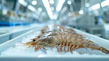 Plump shrimp arranged neatly on ice in a vibrant seafood market, highlighting their freshness and appeal under bright overhead lighting, attracting shoppers. photo