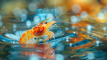 A colorful shrimp is swimming gracefully in clear water, surrounded by vibrant hues and shimmering bubbles as sunlight illuminates the scene in the afternoon. photo