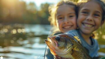 Two joyful girls proudly display a big bass fish they caught on a sunny day at a serene lake, showcasing their bond and excitement for fishing in nature. photo