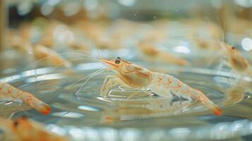 Multiple freshwater shrimp are observed swimming in a clear tank, highlighting their delicate features and vibrant colors in a controlled aquatic environment. photo