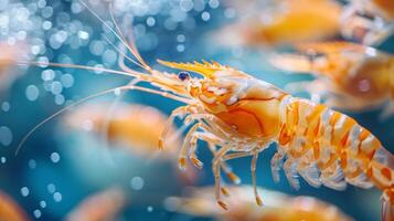 Brightly colored shrimp move gracefully through clear water, showcasing their unique patterns and textures among swarms of fellow sea creatures in a lively aquatic ecosystem. photo