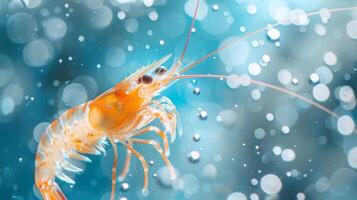 A vibrant shrimp swims through clear ocean water, surrounded by bubbles that create a dynamic and lively atmosphere, showcasing its delicate features and textures. photo
