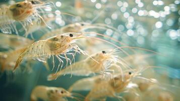A group of shrimps move elegantly through a clear body of water, their translucent bodies catching the light and creating mesmerizing patterns as they navigate their surroundings. photo