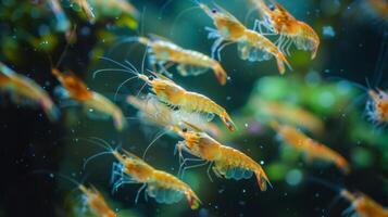 A lively group of shrimp glides through clear water, showcasing vibrant colors and intricate details against a backdrop of lush aquatic plants during daylight. photo