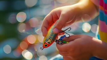 A child holds a vibrant fishing lure, preparing to cast into sparkling water on a sunny day. The serene environment enhances the excitement of fishing. photo