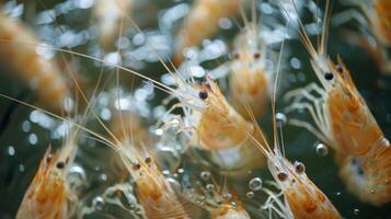 Numerous small shrimp can be seen gracefully moving through clear water, capturing sunlight as they navigate their underwater habitat, creating a mesmerizing spectacle of life. photo
