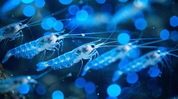 A group of translucent shrimp glides effortlessly through the water, surrounded by luminous blue bubbles and a colorful ocean backdrop. The scene captures the beauty of marine life. photo