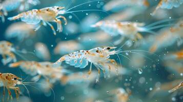 Numerous shrimp glide through a clear ocean environment, displaying their iridescent bodies and delicate antennae in a lively underwater ecosystem. photo