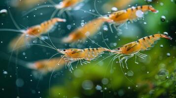 Colorful shrimp swim playfully in crystal clear water, surrounded by greenery. Their delicate movements create a serene atmosphere in a vibrant aquatic habitat. photo