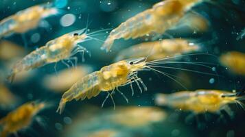 Numerous small shrimp glide effortlessly through a vibrant underwater environment, displaying delicate movements and transparent bodies while sunlight filters through the water. photo
