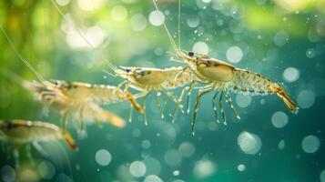 Several shrimp are seen swimming in clear water, showcasing their delicate features as sunlight creates a sparkling effect, with aquatic plants blurred in the background. photo