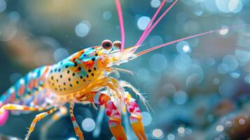 A brightly colored crawfish moves through the sparkling underwater environment, showcasing intricate patterns and vivid colors while surrounded by blurred bubbles and natural light. photo