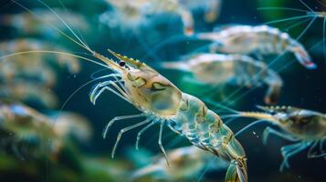 A group of lively shrimp swim in an aquarium, showcasing their translucent bodies and long antennae while other fish and aquatic life thrive in the background. photo