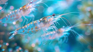 A group of bright, colorful shrimp moves elegantly through the clear blue water above a coral reef teeming with diverse marine life in daylight. photo