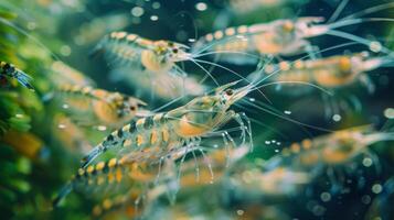 A group of colorful shrimps swims gracefully in a well maintained aquarium, surrounded by lush green aquatic plants, reflecting natural light. photo