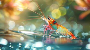 A vibrant shrimp with striking colors glides through clear water, surrounded by blurred aquatic plants and shimmering reflections, creating a tranquil underwater atmosphere. photo