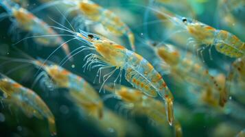 A group of colorful shrimp swims gracefully in a vibrant aquatic habitat, displaying their intricate details and lively movements in clear water, enriched by soft light. photo