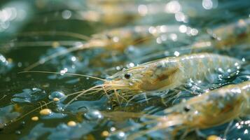 Shrimp swim actively in clear water reflecting sunlight, showcasing their vibrant colors during farming operations in a rural area. photo