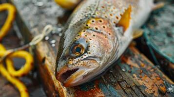 A freshly caught trout rests on a weathered wooden surface, showcasing its vibrant colors and glistening scales, with raindrops adding to the damp atmosphere of the lakeside. photo