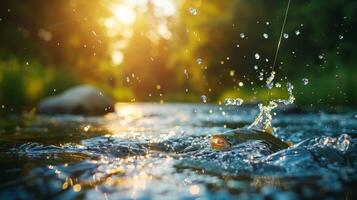 A salmon leaps from a tranquil river at sunrise, glistening droplets of water scattering around as it is hooked by a line. The scene captures the beauty of nature's early light. photo