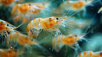 A swarm of colorful shrimps can be seen swimming gracefully in a lush aquatic environment filled with bubbles and light. These creatures exhibit intricate details and vivid coloration. photo