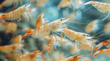 A school of colorful shrimp navigates through clear blue water, their delicate bodies glowing in the sunlight, creating a lively aquatic atmosphere filled with movement. photo