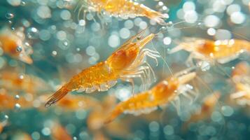 Small orange shrimp swim gracefully through clear blue water, creating a lively underwater atmosphere with a backdrop of shimmering bubbles. photo