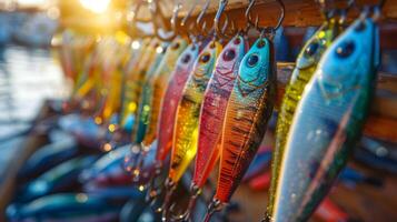 Colorful fishing lures are artistically arranged on a wooden rack with a shimmering body of water in the background as the sun sets, creating a warm and inviting atmosphere. photo